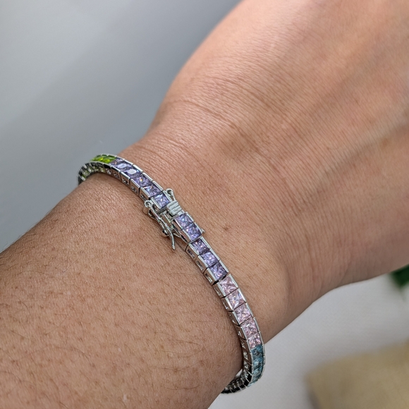 Rainbow CZ Tennis Bracelet Sterling Silver 925 | 7.25" 11.5g - Picture 7 of 12